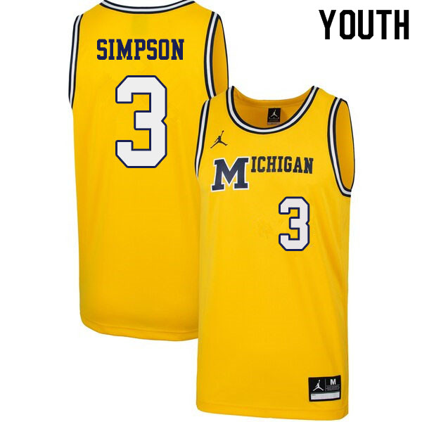 Youth #3 Zavier Simpson Michigan Wolverines 1989 Retro College Basketball Jerseys Sale-Yellow